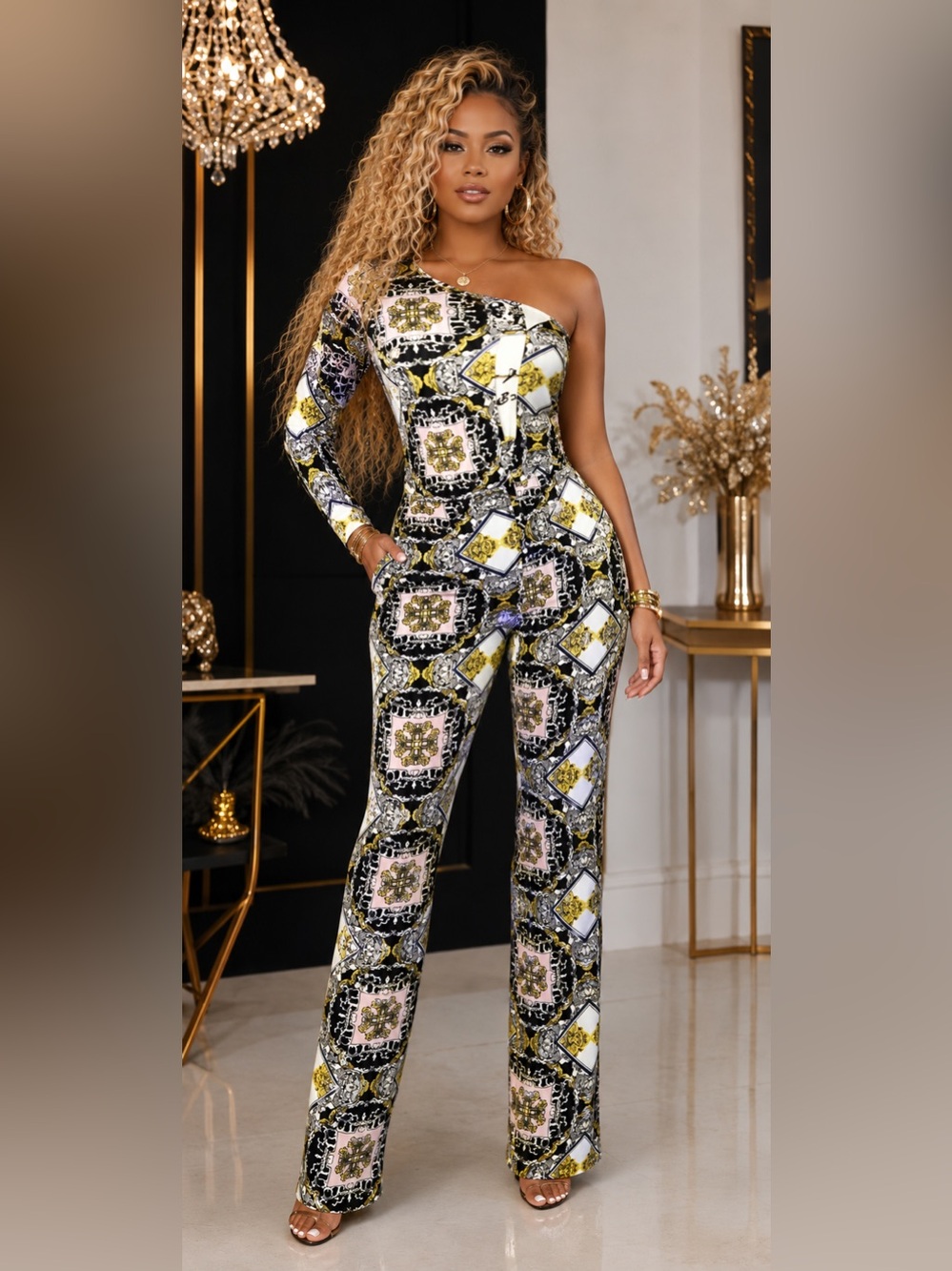 Black and Yellow One Shoulder Sleeveless Jumpsuit